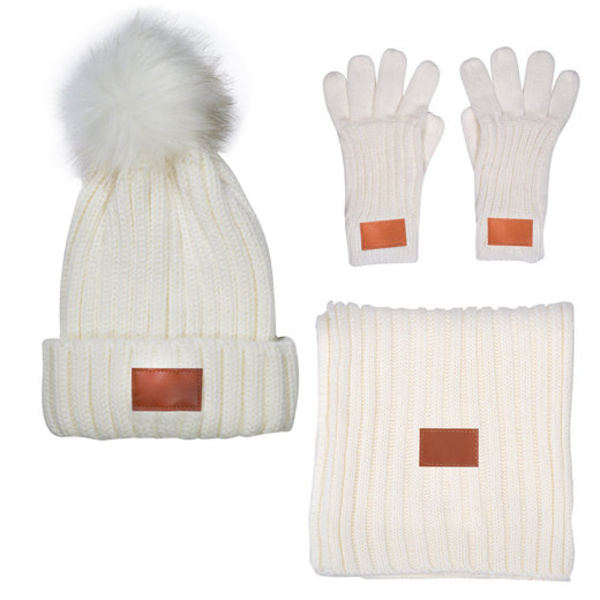 Three-Piece Rib Knit Fur Pom Winter Set Thumbnail